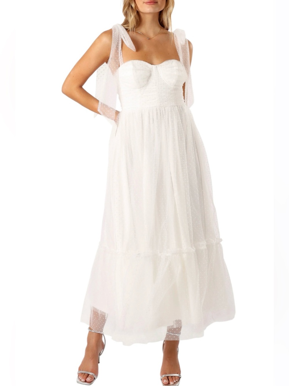 Petal & Pup Floret Bow Strap White Tie-Shoulder Tulle Midi Dress Q10